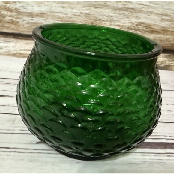 Vintage E. O. Brody Co. Forest Green Fish Scale Glass Vase Bowl 4” - Picture 8 of 10